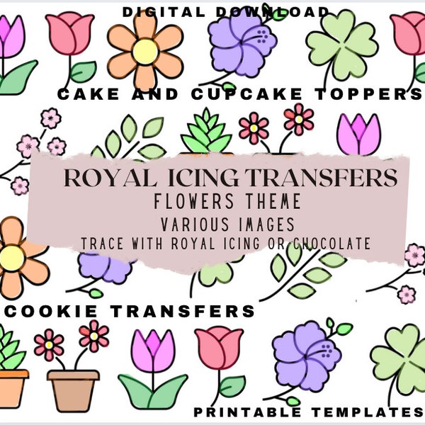 Royal icing transfer templates, royal icing templates, flower cupcake topper, flower sprinkles, flower transfers, royal icing transfer