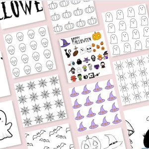 Pu&ograve; includere: Un set di dieci carte digitali stampabili a tema Halloween. Le carte presentano varie icone di Halloween come zucche, fantasmi, pipistrelli, ragni, teschi, cappelli da strega e un motivo a ragnatela. Le carte sono in bianco e nero.