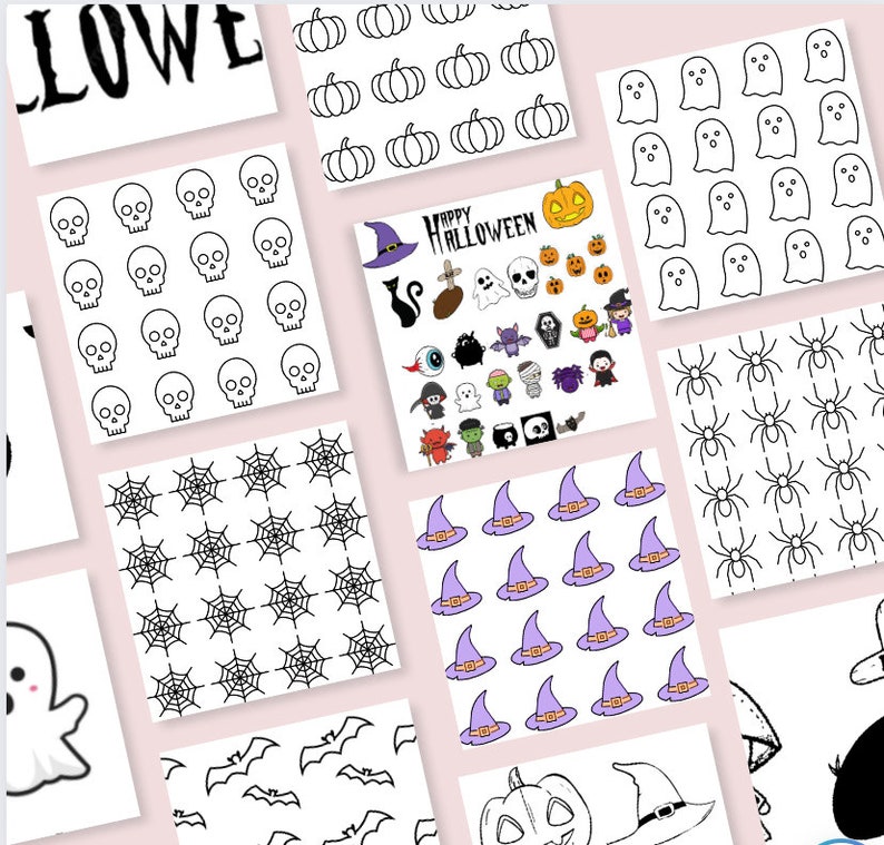 Pu&ograve; includere: Un set di dieci carte digitali stampabili a tema Halloween. Le carte presentano varie icone di Halloween come zucche, fantasmi, pipistrelli, ragni, teschi, cappelli da strega e un motivo a ragnatela. Le carte sono in bianco e nero.