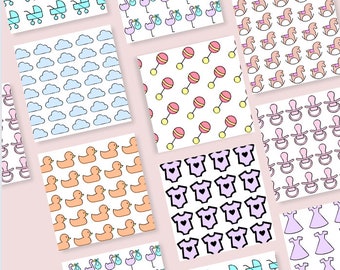 Pode incluir: Um conjunto de dez padrões de papel digital com várias ilustrações com tema de bebê, incluindo carrinhos de bebê, patos, nuvens, chupetas e macacões. Os padrões são em várias cores, incluindo rosa, azul, amarelo e branco.