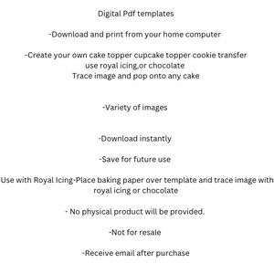 Pu&ograve; includere: Modelli digitali PDF per topper per torte, topper per cupcake e trasferimenti di biscotti. Scarica e stampa da casa per creare i tuoi design usando glassa reale o cioccolato. Traccia l'immagine e posizionala su qualsiasi torta. Include una variet&agrave; di immagini, download istantaneo e la possibilit&agrave; di salvare per un uso futuro. Nessun prodotto fisico viene fornito. Non per la rivendita. Ricevi un'e-mail dopo l'acquisto.