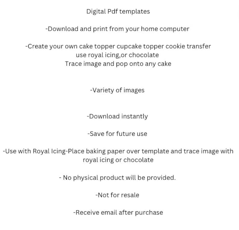 Pu&ograve; includere: Modelli digitali PDF per topper per torte, topper per cupcake e trasferimenti di biscotti. Scarica e stampa da casa per creare i tuoi design usando glassa reale o cioccolato. Traccia l'immagine e posizionala su qualsiasi torta. Include una variet&agrave; di immagini, download istantaneo e la possibilit&agrave; di salvare per un uso futuro. Nessun prodotto fisico viene fornito. Non per la rivendita. Ricevi un'e-mail dopo l'acquisto.