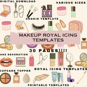 May include: A digital download of 30 printable templates for royal icing designs. The templates feature various makeup items, including eyeshadow palettes, lipstick, mascara, and foundation. The templates are perfect for decorating cakes, cupcakes, and cookies.