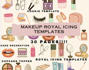 Pode incluir: Um download digital de 30 modelos imprimíveis para designs de glacê real. Os modelos apresentam vários itens de maquiagem, incluindo paletas de sombras para os olhos, batom, rímel e base. Os modelos são perfeitos para decorar bolos, cupcakes e biscoitos.