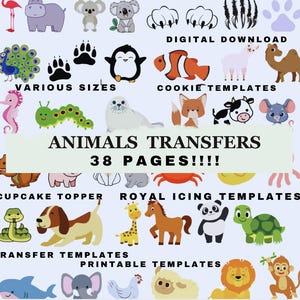 Pode incluir: Um download digital de 38 páginas de modelos de biscoitos e toppers de cupcakes de animais. Os modelos apresentam vários animais, incluindo um flamingo, um hipopótamo, um coala, um pinguim, um pavão, um cavalo-marinho, uma lagarta, uma foca, uma raposa, uma vaca, um rato, uma cobra, um cão, uma girafa, um cavalo, um panda, uma tartaruga, um tubarão, um elefante, uma galinha, um cordeiro, um leão e um macaco. Os modelos estão disponíveis em vários tamanhos e são perfeitos para decorar biscoitos, cupcakes e outras guloseimas.