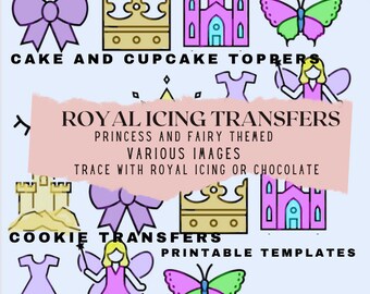 Pode incluir: Download digital com transferências de glacê real e biscoitos com tema de princesas e fadas. Inclui imagens de coroas, castelos, borboletas e fadas. Modelos imprimíveis para coberturas de bolos e cupcakes.