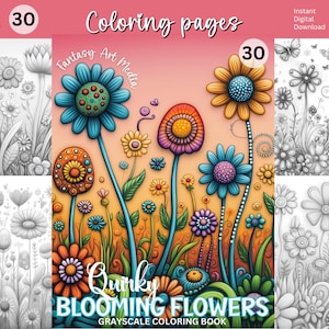 Könnte beinhalten: Ein digitales Malbuchcover mit dem Titel "Quunky BLOOMING FLOWERS" mit farbenfrohen, skurrilen Blumen. Das Cover enthält den Text "Unique Designs 30" und "Instant Digital Download". Der Hintergrund ist ein Farbverlauf aus Rosa und Orange.