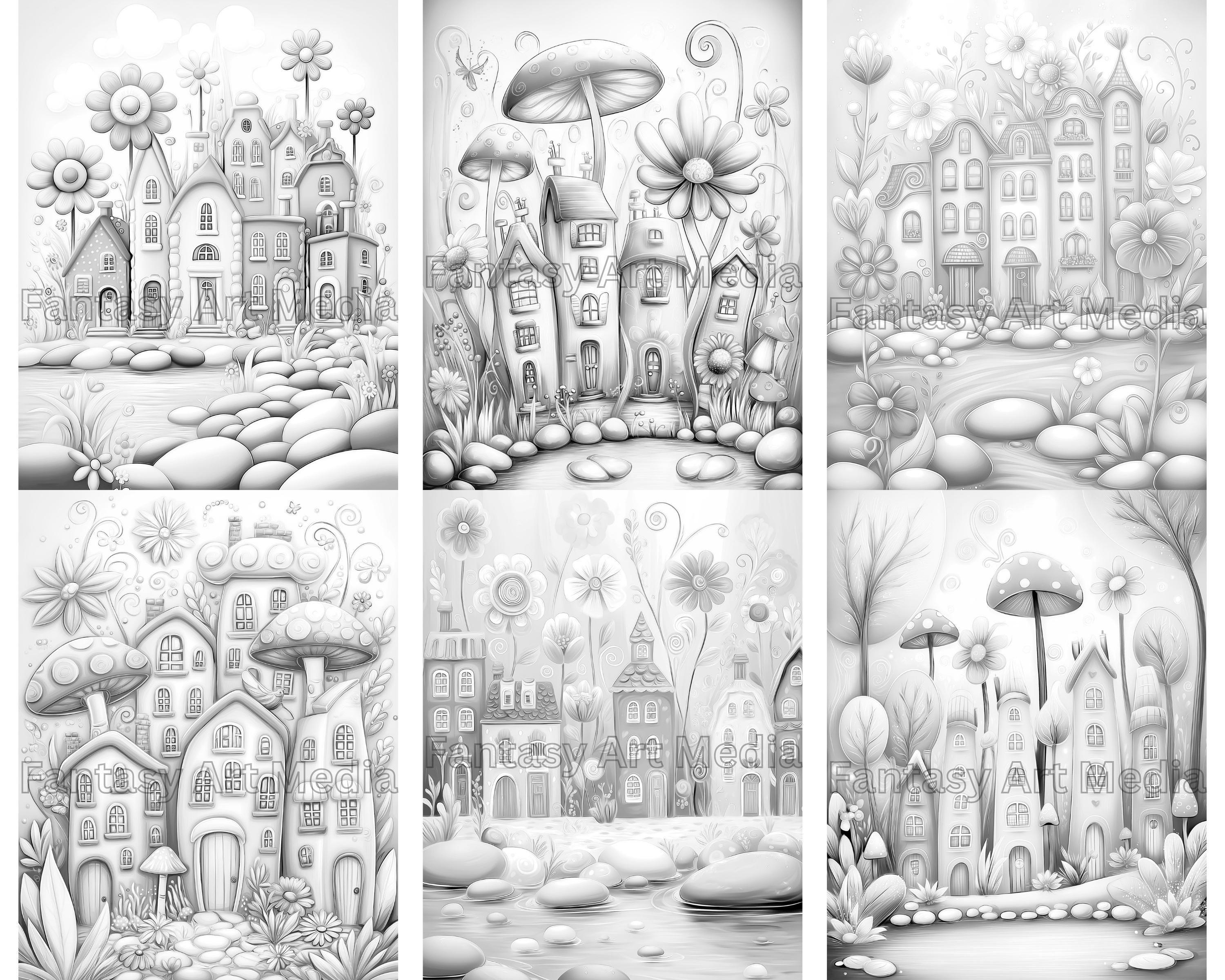 Grayscale Coloring Pages Fantasy Fun Townhouses Whimsical Printable ...
