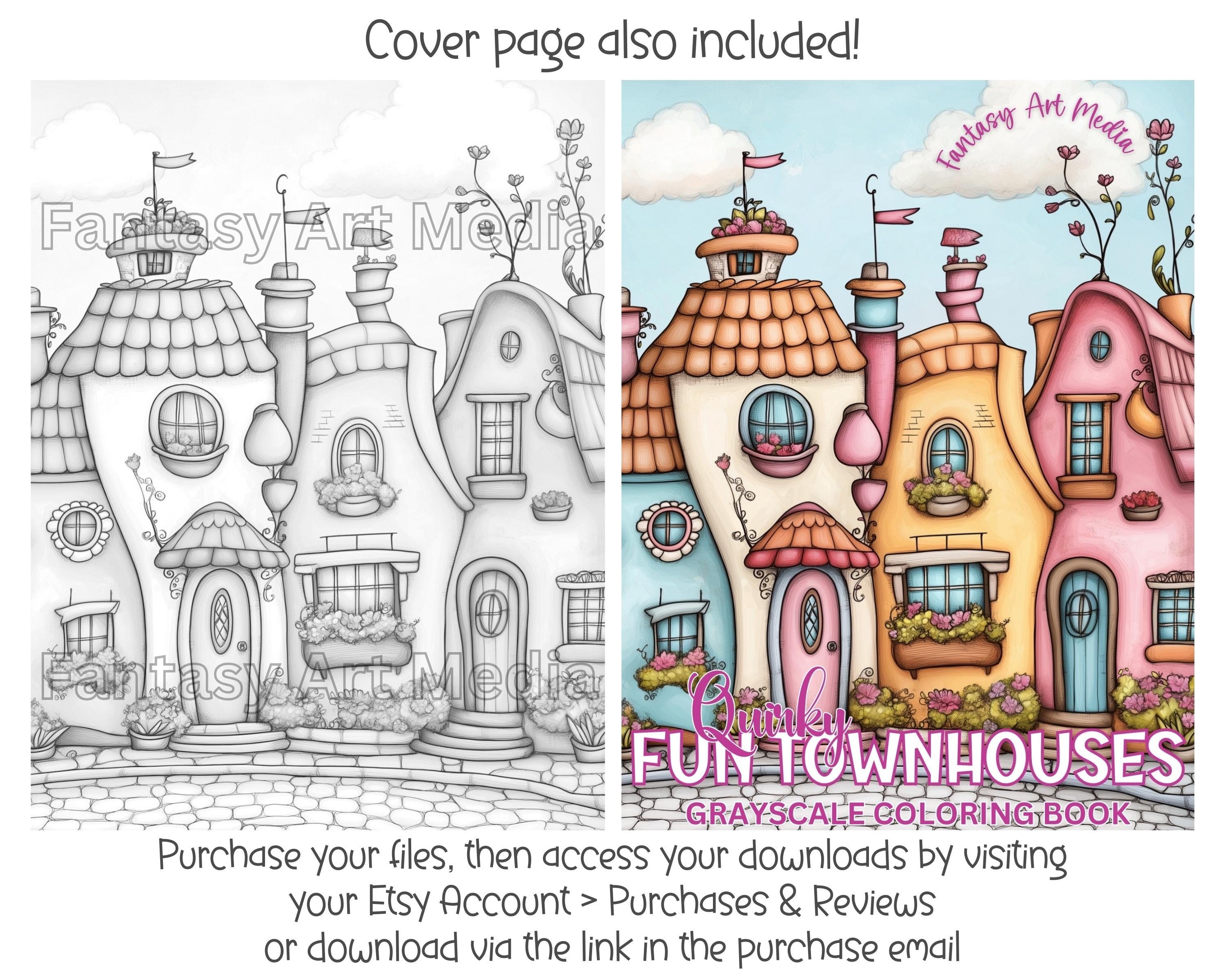 Grayscale Coloring Pages Quirky Fun Townhouses Whimsical Printable ...