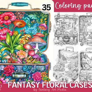 Fantasy Floral Cases Coloring Pages, Printable Grayscale Adult Fantasy Garden Flowers Suitcase Book, Instant Download Printable PDF/JPG file