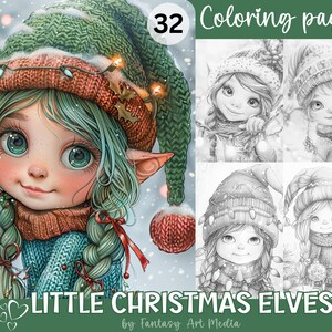 以下が含まれることがあります： かわいいクリスマスエルフのイラストが32ページ入った塗り絵です。表紙には、緑色の髪をした若いエルフが、赤と緑のニット帽と青いセーターを着ている様子が、詳細に描かれています。本のタイトルは「LITTLE CHRISTMAS ELVES」で、Fantasy Art Mediaが制作しました。
