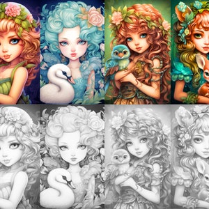 May include: A digital art collage featuring four illustrations of girls with flowers in their hair. Each girl is holding a small animal: a bluebird, a swan, an owl, and a fawn. The illustrations are in color and black and white.