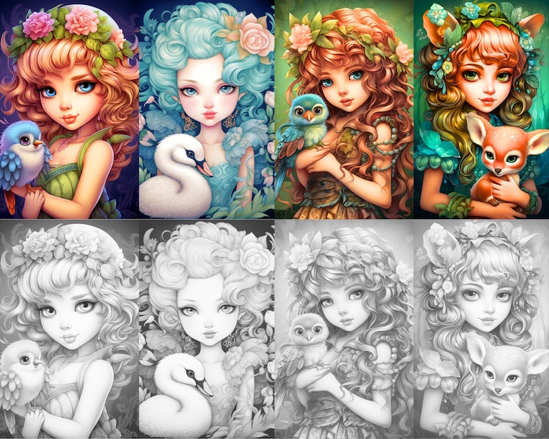 May include: A digital art collage featuring four illustrations of girls with flowers in their hair. Each girl is holding a small animal: a bluebird, a swan, an owl, and a fawn. The illustrations are in color and black and white.