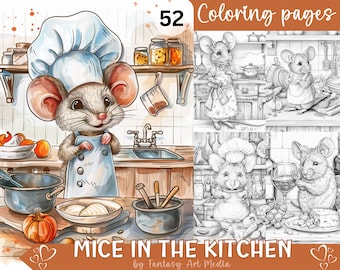 Mice in the Kitchen Grayscale Coloring Pages, Adults & Children Printable Pet Mouse Animal Book, Instant Download Printable PDF/JPG files