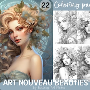 Art Nouveau Beauties - 22 Grayscale Women Coloring Pages | Printable Ladies Adult Coloring Book | Instant Download PDF / JPG file
