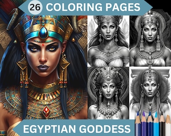 26 Egyptian Goddess Women Grayscale Coloring Pages | Printable Adult Coloring Book | Instant Download Printable PDF file