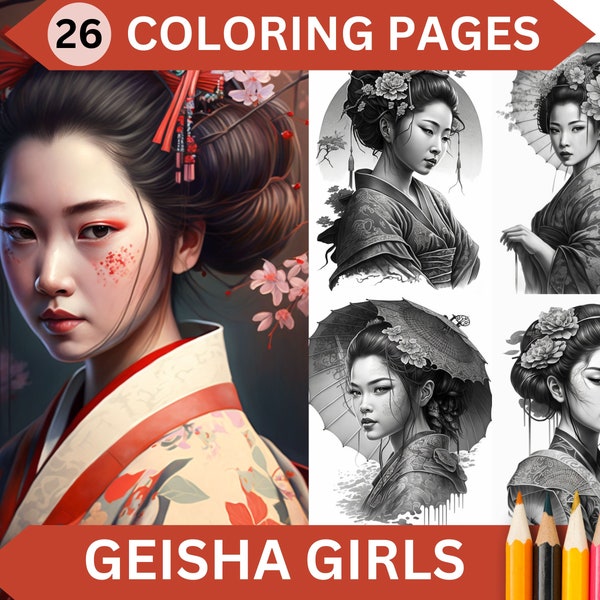 26 Geisha Girl Grayscale Japanese Women Coloring Pages | Printable Adult Coloring Book | Instant Download Printable PDF file