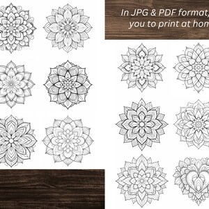 May include: Set of 10 black and white mandala designs, ideal for colouring or printing. The mandalas are intricate and detailed, with floral and geometric patterns. In JPG & PDF format, for you to print at home.