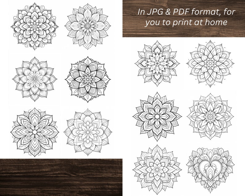May include: Set of 10 black and white mandala designs, ideal for colouring or printing. The mandalas are intricate and detailed, with floral and geometric patterns. In JPG & PDF format, for you to print at home.