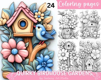 Grayscale Coloring Pages Quirky Birdhouse Gardens Printable Floral Adult Fantasy Nature Flowers Book Instant Download Printable PDF/JPG file