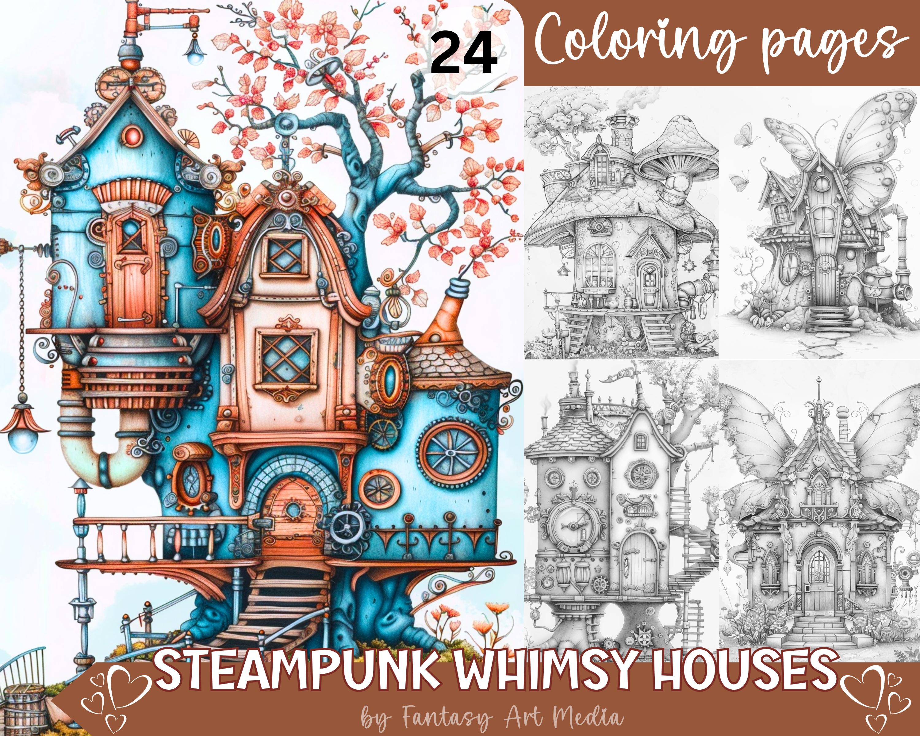 Grayscale Coloring Pages Steampunk Whimsy Houses Quirky Printable Whimsical Fun Fairy Cottages Adult Instant Download Book PDF/JPG files