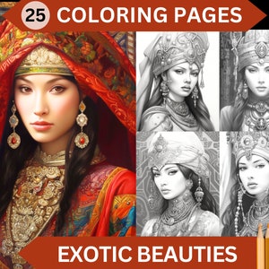 25 Exotic Beauties Grayscale Women Coloring Pages | Printable Adult Coloring Book | Instant Download PDF / JPG file