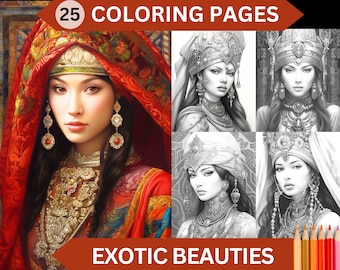 25 Exotic Beauties Grayscale Women Coloring Pages | Printable Adult Coloring Book | Instant Download PDF / JPG file