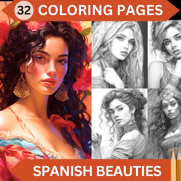 32 Spanish Beauties Ladies Grayscale Women Coloring Pages | Printable Adult Coloring Book | Instant Download PDF / JPG file