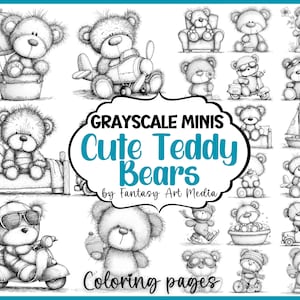 Puede incluir: Ilustración en escala de grises de varios osos de peluche en diferentes escenarios, como montar en scooter, volar en avión y navegar en barco. También es visible el texto "Grayscale Minis Cute Teddy Bears Coloring pages".