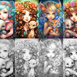 May include: A digital art collage featuring ten images of girls with animal companions. Each girl wears a flower crown and holds a small animal, including a tiger, a bear, and a cheetah. The images are in a variety of colors, including pink, blue, green, and brown.