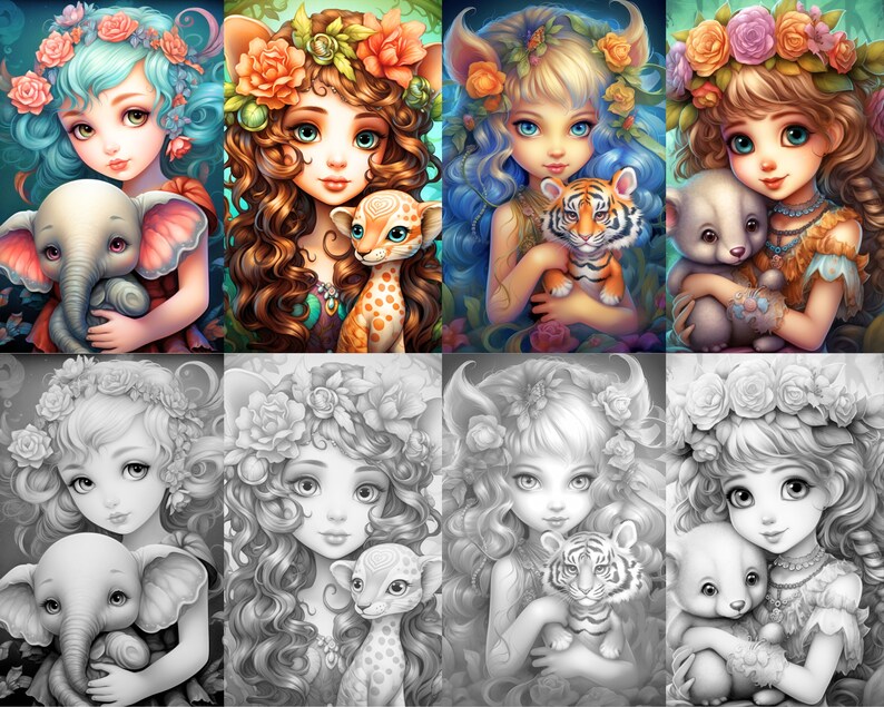 May include: A digital art collage featuring ten images of girls with animal companions. Each girl wears a flower crown and holds a small animal, including a tiger, a bear, and a cheetah. The images are in a variety of colors, including pink, blue, green, and brown.