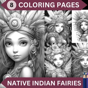 Native Indian Fairies - 8 Gorgeous Fairy Girls Grayscale Coloring Pages | Printable Adult Coloring Book | Instant Download PDF / JPG file