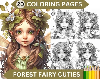 20 Forest Fairy Cuties Grayscale Coloring Pages | Printable Adult Coloring Book | Instant Download Printable PDF file