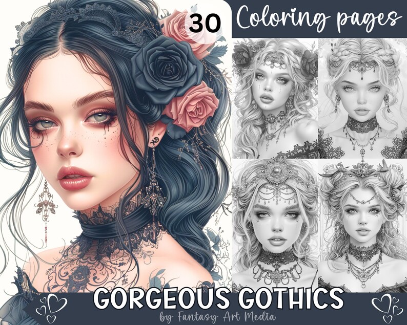 Gorgeous Gothics Grayscale Coloring Pages, Printable Adult Woman Women ...