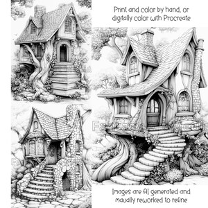 May include: Three black and white illustrations of whimsical houses with stone steps and tree roots. The houses have a fairytale aesthetic and are perfect for coloring.