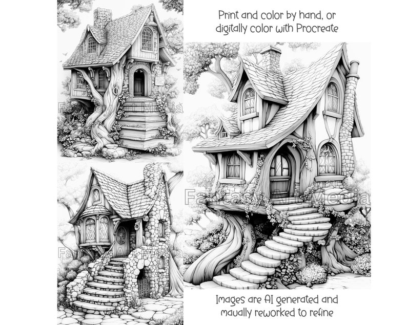 May include: Three black and white illustrations of whimsical houses with stone steps and tree roots. The houses have a fairytale aesthetic and are perfect for coloring.