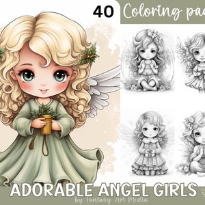 Adorabili pagine da colorare di ragazze angelo / 40 libri di Natale in scala di grigi stampabili per adulti e donne carine / File PDF/JPG stampabili per bambini da scaricare immediatamente