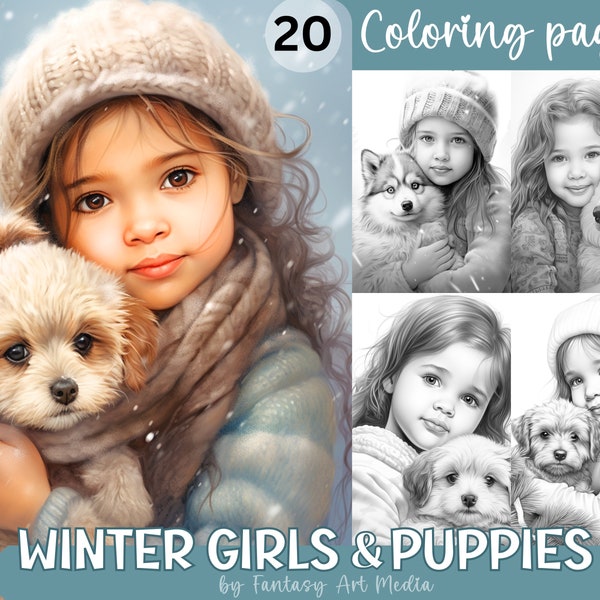 20 wintermeisjes en puppy's kleurplaten, afdrukbare volwassen grijswaarden winter seizoensgebonden schattige kinderen/hondenboek, Instant Download afdrukbare PDF/JPG
