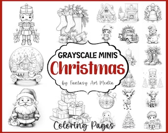 Grayscale Minis "Christmas" Coloring Pages, Printable Adult Small Advent Xmas Colouring Book, Instant Download Tiny Printable PDF/JPG files