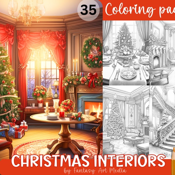 Christmas Interiors Coloring Pages, 35 Printable Adult Grayscale Xmas Decorations Colouring Book, Instant Download Printable PDF/JPG files