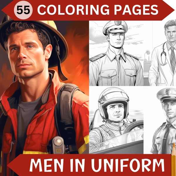 55 Men in Uniform Grayscale Coloring Pages | Printable Handsome Guys Adult Coloring Book | Instant Download PDF / JPG file