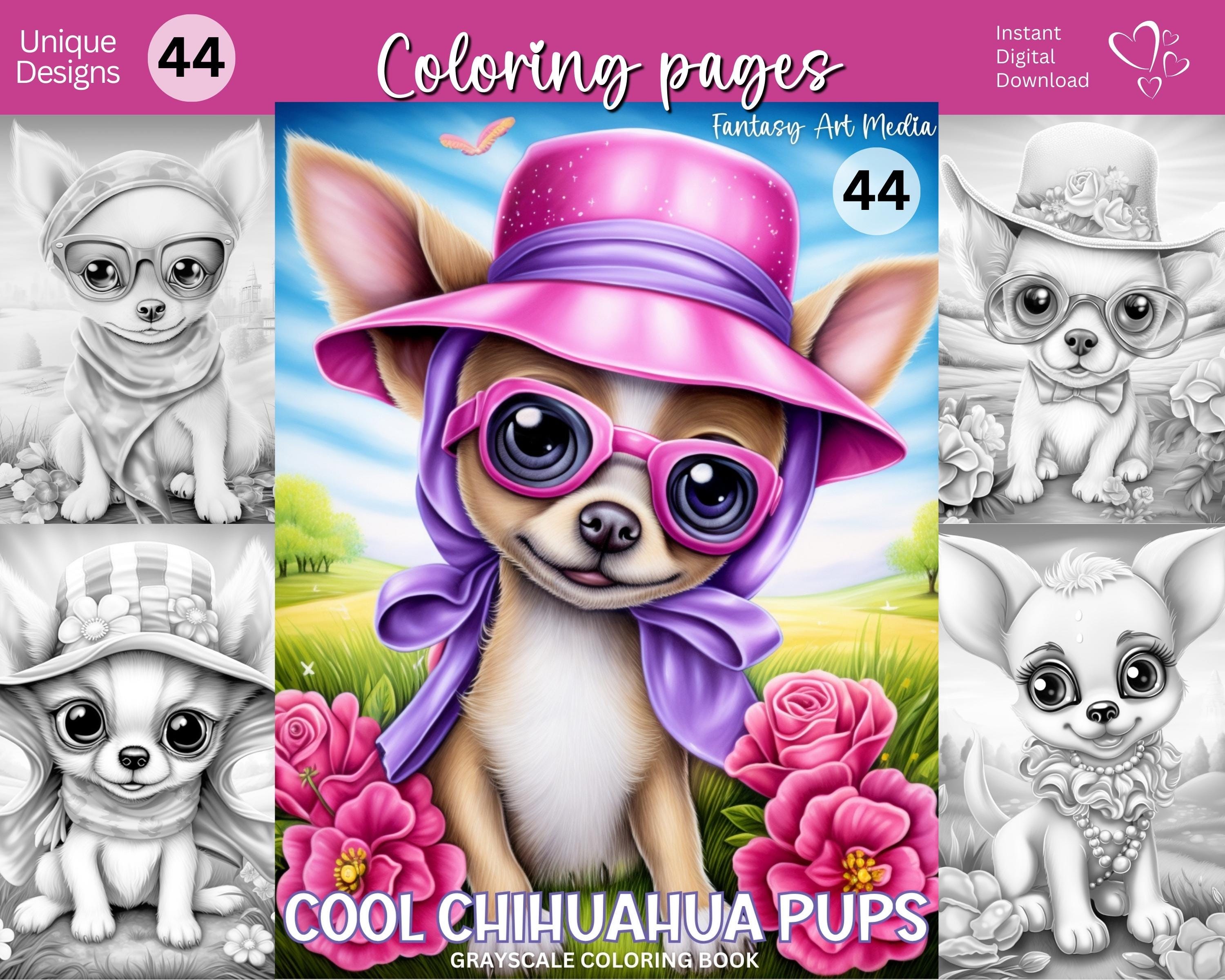 Cool Chihuahua Pups Coloring Pages Grayscale Floral Dogs Adult & Kids ...