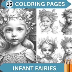 Infant Fairies - 15 Gorgeous little Fairy Girls Grayscale Coloring Pages | Printable Adult Coloring Book | Instant Download PDF / JPG file