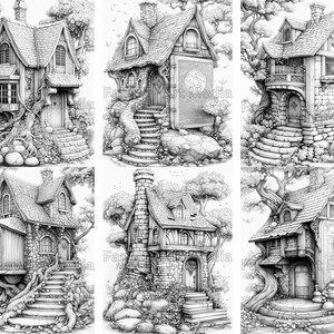 May include: Six black and white illustrations of whimsical stone houses with intricate details. Each house has a unique design, including a tree growing through the structure, a large book as a wall, and a balcony.