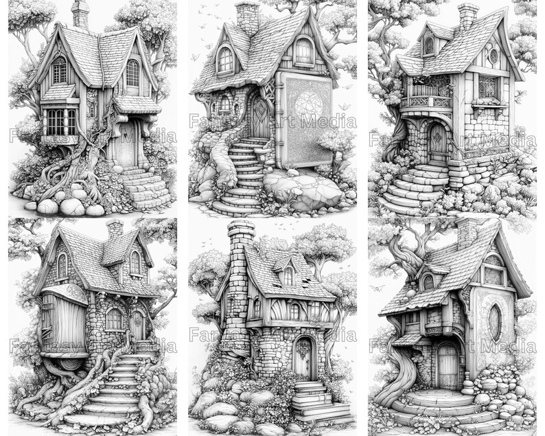 May include: Six black and white illustrations of whimsical stone houses with intricate details. Each house has a unique design, including a tree growing through the structure, a large book as a wall, and a balcony.