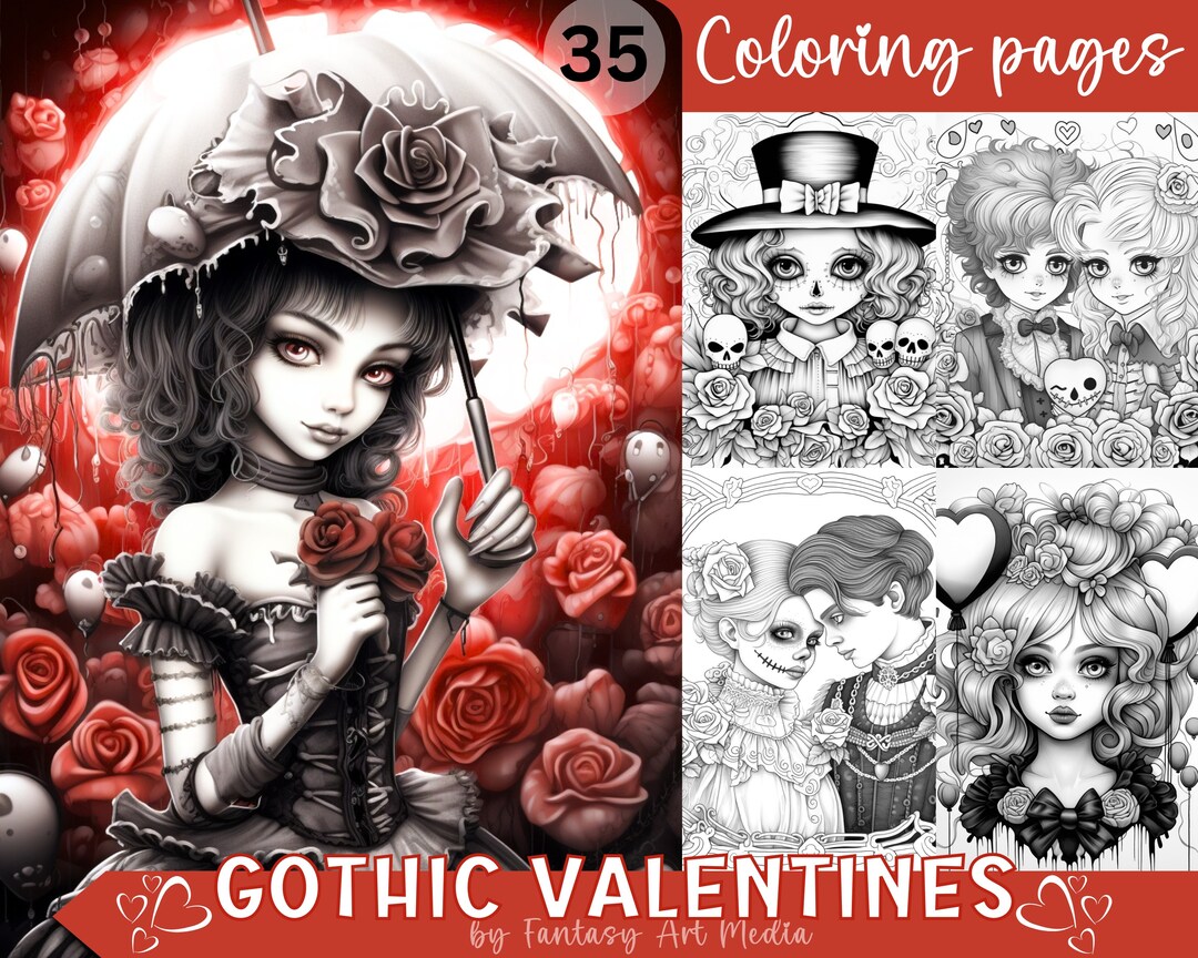 Gothic Valentines Day Grayscale Coloring Pages | Printable Adult Dark ...