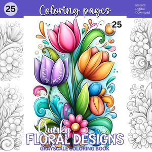Könnte beinhalten: Ein digitales Malbuch-Cover in Graustufen mit dem Text "Coloring pages" und "Quirky Floral Designs". Das Bild zeigt ein lebendiges, farbenfrohes Blumendesign mit rosa, orangefarbenen und lila Blumen. Das Buch enthält 25 einzigartige Designs.