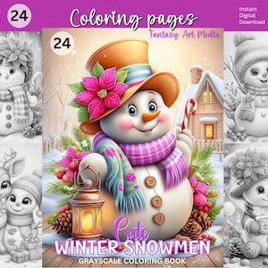 Peut inclure: Couverture de livre de coloriage en niveaux de gris avec des bonhommes de neige d'hiver mignons. La couverture comprend le texte "Coloriage", "Conceptions uniques" et "Mignons bonhommes de neige d'hiver". L'image montre plusieurs bonhommes de neige.