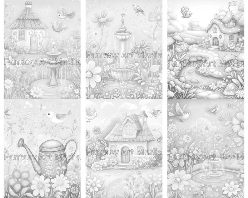 Grayscale Coloring Pages Fantasy Cottage Scenes Quirky Printable ...