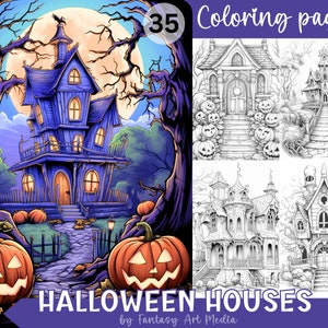 Páginas para colorear de casas de Halloween en escala de grises / Libro para colorear imprimible para adultos / Descarga instantánea de archivos PDF/JPG imprimibles de temática espeluznante y embrujada de temporada